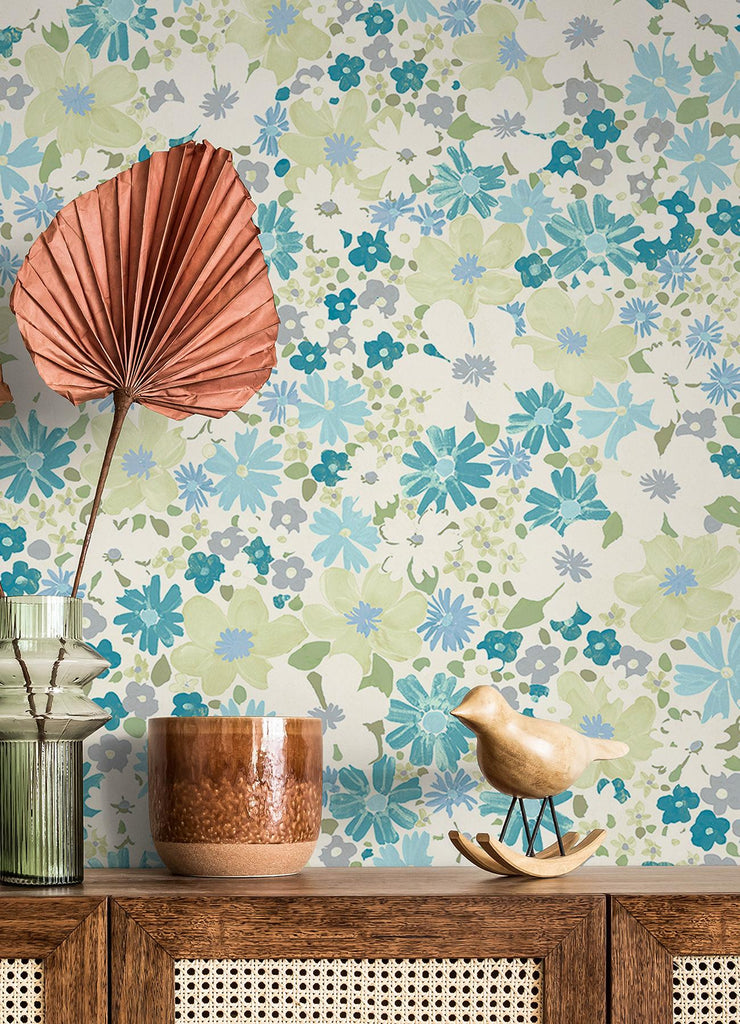 RoomMates Wildflower Impressions Aqua Peel and Stick Blue Wallpaper