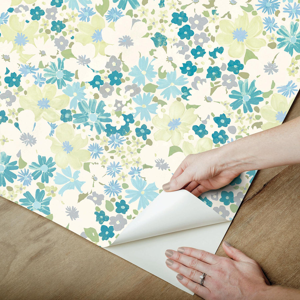 RoomMates Wildflower Impressions Aqua Peel and Stick Blue Wallpaper