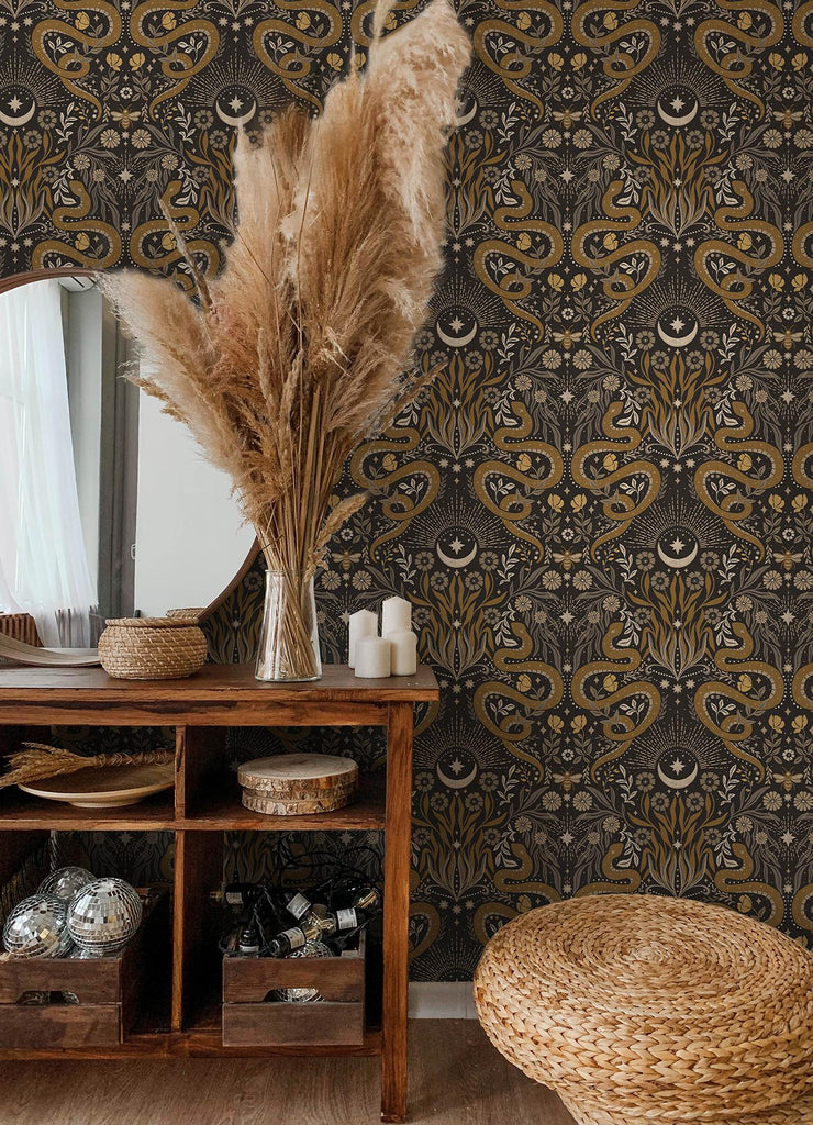 RoomMates Mystic Serpent Black Gold Peel and Stick Black Wallpaper