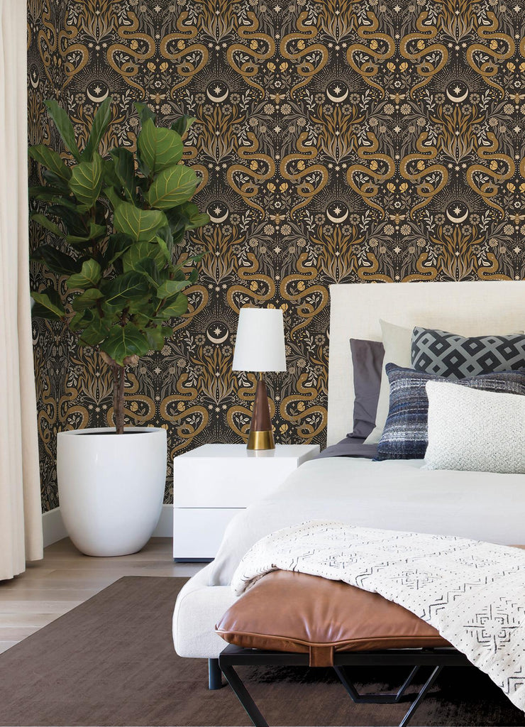 RoomMates Mystic Serpent Black Gold Peel and Stick Black Wallpaper