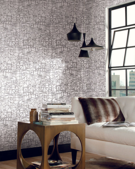 York Cubist Cityscape Peel And Stick Black Wallpaper – DecoratorsBest