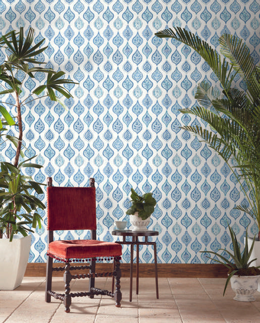 York Marketplace Motif White/Blue Wallpaper