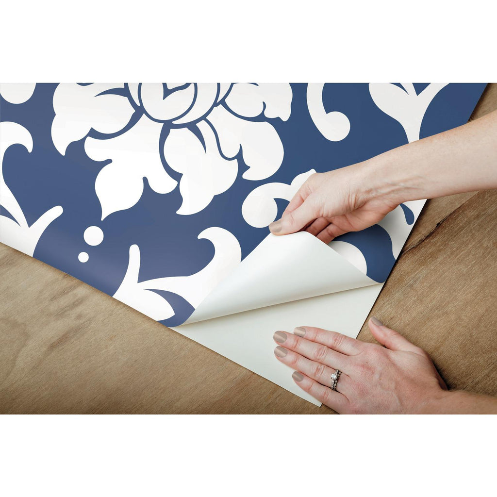 RoomMates Damask Peel & Stick indigo/white Wallpaper