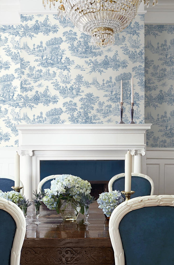 Seabrook Chateau Toile Blue Wallpaper