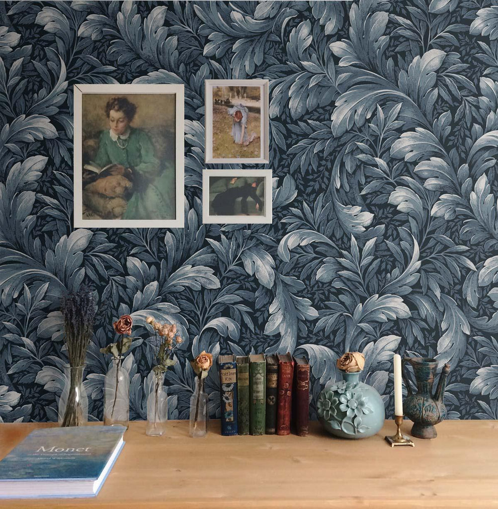 Seabrook Acanthus Trail Blue Wallpaper