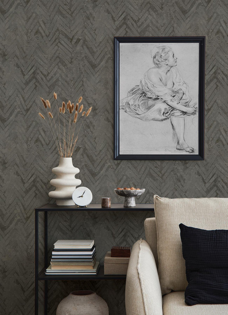 A-Street Prints Amesemi Distressed Herringbone Dark Grey Wallpaper