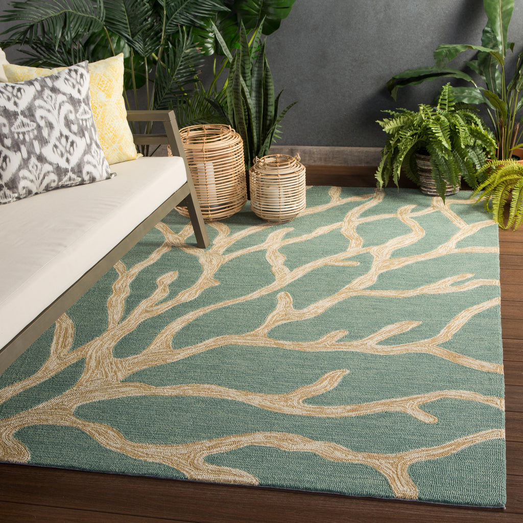 Jaipur Living Coral Indoor/ Outdoor Abstract Teal/ Tan Area Rug (3'6"X5'6")