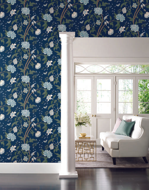 York Teahouse Floral Navy Wallpaper